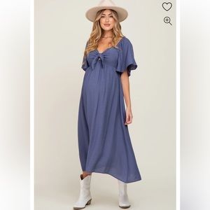 Blue bump friendly midi dress: Front tie, flutter sleeve, elastic back NWOT